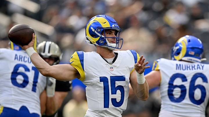 Aug 22, 2026; Inglewood, California, USA;  Los Angeles Rams quarterback Ty Simpson (15) throws  pass during the fourth quarter against the New Orleans Saints at SoFi Stadium.  Mandatory Credit: Griffin Hooper-Imagn Images