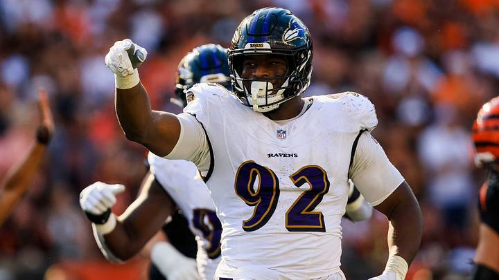 Oct 6, 2024; Cincinnati, Ohio, USA; Baltimore Ravens defensive tackle Nnamdi Madubuike (92) reacts after sacking Cincinnati Bengals quarterback Joe Burrow (not pictured) in the second half at Paycor Stadium. Mandatory Credit: Katie Stratman-Imagn Images Oct 6, 2024; Cincinnati, Ohio, USA; Baltimore Ravens defensive tackle Nnamdi Madubuike (92) reacts after sacking Cincinnati Bengals quarterback Joe Burrow (not pictured) in the second half at Paycor Stadium. Mandatory Credit: Katie Stratman-Imagn Images