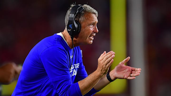 Aug 26, 2023; Los Angeles, California, USA; San Jose State Spartans head coach Brent Brennan watches