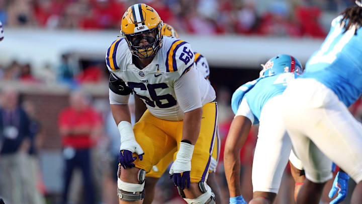 Sep 30, 2023; Oxford, Mississippi, USA; LSU Tigers offensive linemen Will Campbell (66) waits for the snap during the first half against the Mississippi Rebels at Vaught-Hemingway Stadium.