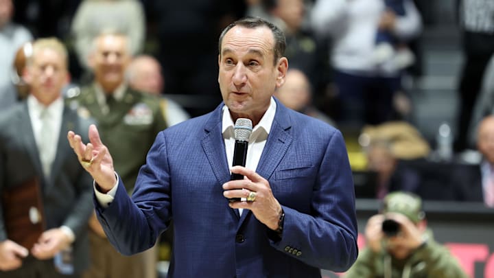 Nov 11, 2025; West Point, New York, USA; Former Duke Blue Devils and Army head coach Mike Krzyzewski is honored by West Point before a game between the Army Black Knights and Duke Blue Devils at Christl Arena. Mandatory Credit: Danny Wild-Imagn Images