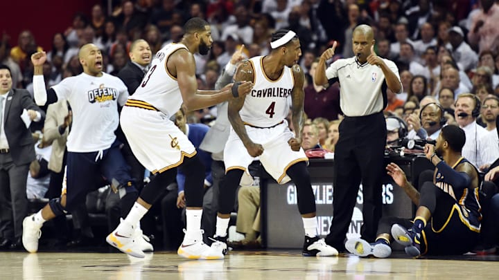 Apr 17, 2017; Cleveland, OH, USA; Cleveland Cavaliers center Tristan Thompson (13) and guard Iman Shumpert (4) react to a call as Indiana Pacers forward Paul George (13) complains from the floor during the second half in game two of the first round of the 2017 NBA Playoffs at Quicken Loans Arena. The Cavs won 117-111. Mandatory Credit: Ken Blaze-Imagn Images Apr 17, 2017; Cleveland, OH, USA; Cleveland Cavaliers center Tristan Thompson (13) and guard Iman Shumpert (4) react to a call as Indiana Pacers forward Paul George (13) complains from the floor during the second half in game two of the first round of the 2017 NBA Playoffs at Quicken Loans Arena. The Cavs won 117-111. Mandatory Credit: Ken Blaze-Imagn Images