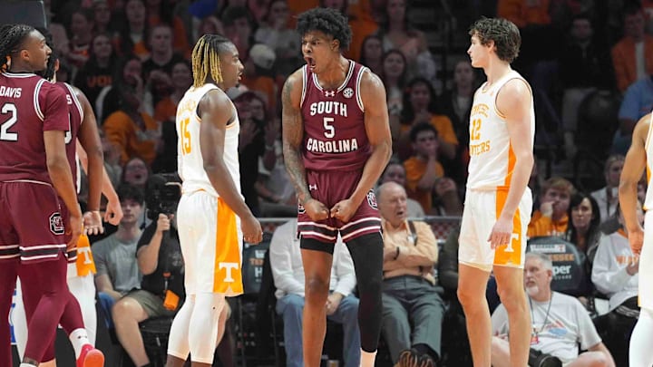 South Carolina's Nick Pringle (5) celebrates on the court during a men’s college basketball game between Tennessee and South Carolina at Thompson-Boling Arena at Food City Center, Saturday, March 8, 2025. South Carolina's Nick Pringle (5) celebrates on the court during a men’s college basketball game between Tennessee and South Carolina at Thompson-Boling Arena at Food City Center, Saturday, March 8, 2025.