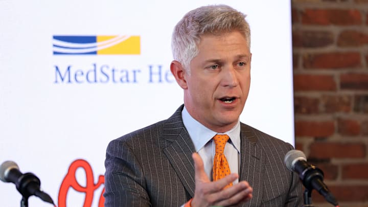 Nov 4, 2025; Baltimore, MD, USA; President of Baseball Operations Mike Elias introduces Craig Albernaz as the Baltimore Orioles new Manager at Warehouse Bar. Mandatory Credit: Daniel Kucin Jr.-Imagn Images