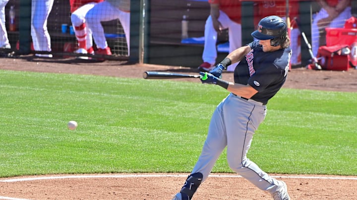 Cleveland Guardians right fielder Chase DeLauter (6)  grounds out in the third inning against the Los Angeles Angels during a spring training game at Tempe Diablo Stadium in 2024.