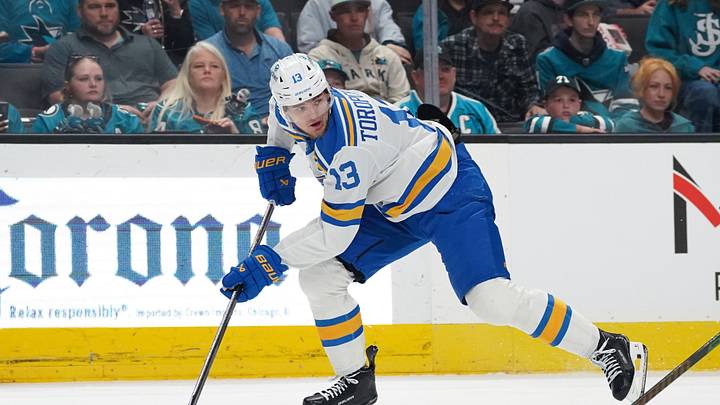 Mar 30, 2026; San Jose, California, USA;  St. Louis Blues right winger Alexey Toropchenko (13) waits for the puck against the San Jose Sharks in the first period at SAP Center at San Jose. Mandatory Credit: David Gonzales-Imagn Images