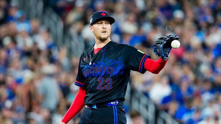 Jul 31, 2026; Toronto, Ontario, CAN;  Toronto Blue Jays pitcher Jeff Hoffman (23) looks on against the St. Louis Cardinals during the eighth inning at Rogers Centre. Mandatory Credit: Kevin Sousa-Imagn Images