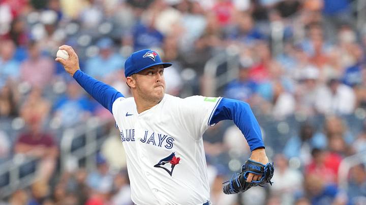 Aug 10, 2026; Toronto, Ontario, CAN; Toronto Blue Jays starting pitcher Jameson Taillon (56) throws a pitch during the first inning against the Boston Red Sox at Rogers Centre. Mandatory Credit: Nick Turchiaro-Imagn Images