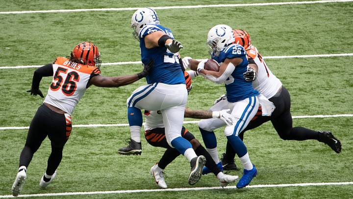 Indianapolis Colts running back Jonathan Taylor (28) runs with the ball in the first quarter as the Indianapolis Colts host the Cincinnati Bengals at Lucas Oil Stadium in Indianapolis, Ind. on Sunday, October 18, 2020.
Cincinnati Bengals At Indianapolis Colts Indianapolis Colts running back Jonathan Taylor (28) runs with the ball in the first quarter as the Indianapolis Colts host the Cincinnati Bengals at Lucas Oil Stadium in Indianapolis, Ind. on Sunday, October 18, 2020.
Cincinnati Bengals At Indianapolis Colts