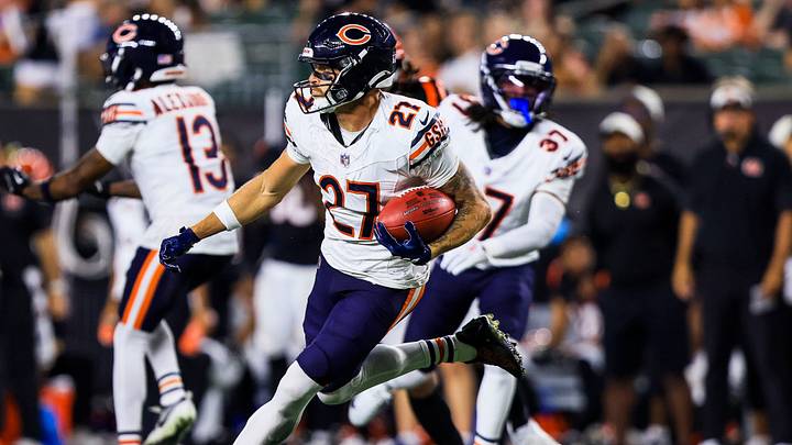 Aug 22, 2026; Cincinnati, Ohio, USA; Chicago Bears wide receiver Kaden Davis (27) runs with the ball against the Cincinnati Bengals in the second half at Paycor Stadium. Mandatory Credit: Katie Stratman-Imagn Images