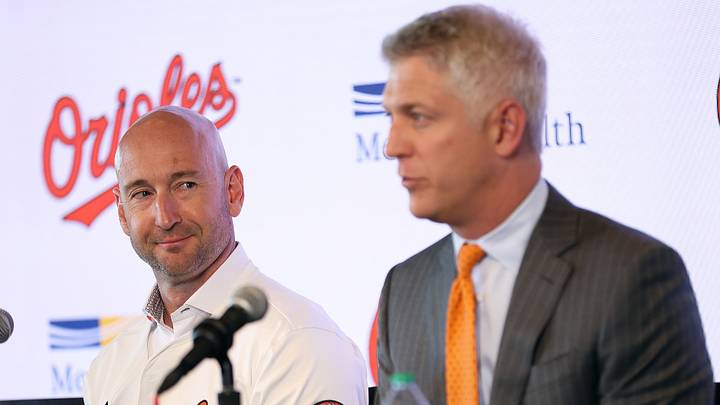 Nov 4, 2025; Baltimore, MD, USA; Left: Craig Albernaz looks at Right: President of Baseball Operations Mike Elias after being introduced as the Baltimore Orioles new Manager at Warehouse Bar. Mandatory Credit: Daniel Kucin Jr.-Imagn Images Nov 4, 2025; Baltimore, MD, USA; Left: Craig Albernaz looks at Right: President of Baseball Operations Mike Elias after being introduced as the Baltimore Orioles new Manager at Warehouse Bar. Mandatory Credit: Daniel Kucin Jr.-Imagn Images