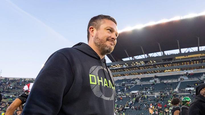 Oregon head coach Dan Lanning walks off after his win as the Oregon Ducks host the USC Trojans on Nov. 22, 2025, at Autzen Stadium in Eugene, Oregon.
