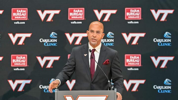 Nov 19, 2025; Blacksburg, VA, USA;  Virgiia Tech head coach James Franklin speaks at the conference at Cassell Coliseum. Mandatory Credit: Brian Bishop-Imagn Images