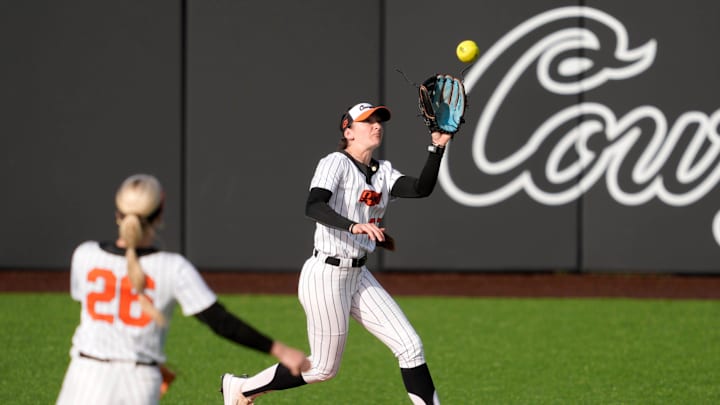 Oklahoma State outfielder Megan Delgadillo (37) catches the ball for an out in the first inning of an NCAA softball game between the Oklahoma State University Cowgirls (OSU) and the Utah Utes in Stillwater, Okla., Friday, May 2, 2025.