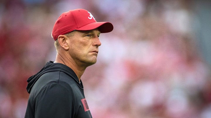 Sep 28, 2024; Tuscaloosa, Alabama, USA; Alabama Crimson Tide head coach Kalen DeBoer watches warm ups on the field before a game against the Georgia Bulldogs at Bryant-Denny Stadium.