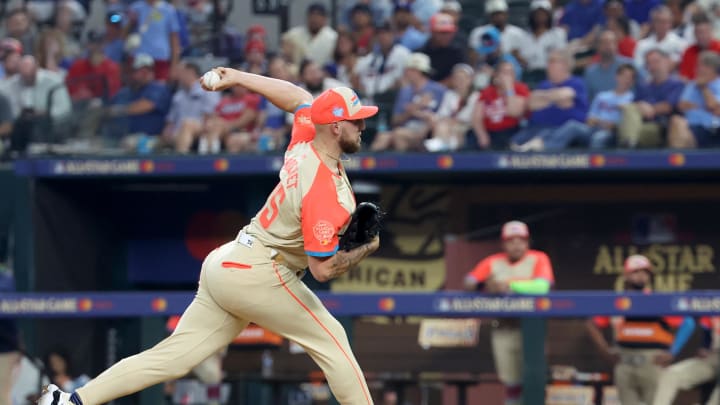 American League pitcher Garrett Crochet of the Chicago White Sox (45) pitches in the fourth inning during the 2024 MLB All-Star game at Globe Life Field on July 16.