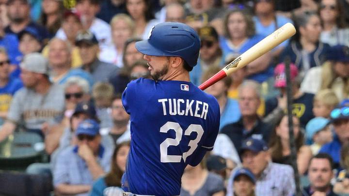 May 24, 2026; Milwaukee, Wisconsin, USA;  Los Angeles Dodgers right fielder Kyle Tucker (23) hits a triple to drive in two runs against the Milwaukee Brewers in the fifth inning at American Family Field. Mandatory Credit: Benny Sieu-Imagn Images