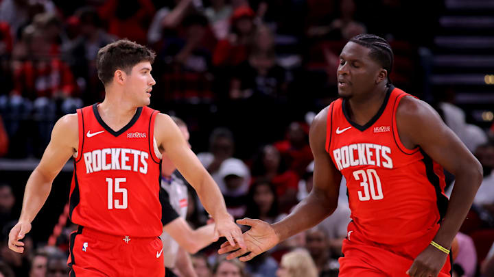Oct 27, 2025; Houston, Texas, USA; Houston Rockets guard Reed Sheppard (15) congratulates Houston Rockets center Clint Capela (30) after a made basket against the Brooklyn Nets during the fourth quarter at Toyota Center. Mandatory Credit: Erik Williams-Imagn Images
Oct 27, 2025; Houston, Texas, USA; Houston Rockets guard Reed Sheppard (15) congratulates Houston Rockets center Clint Capela (30) after a made basket against the Brooklyn Nets during the fourth quarter at Toyota Center. Mandatory Credit: Erik Williams-Imagn Images