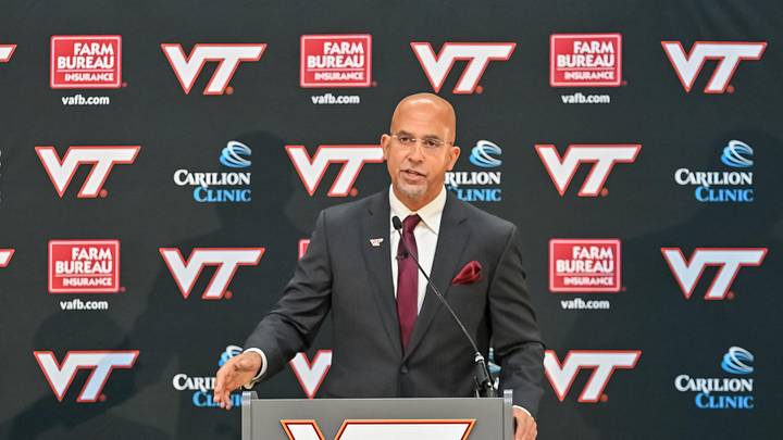 Nov 19, 2025; Blacksburg, VA, USA; Virginia Tech head coach James Franklin speaks at the conference at Cassell Coliseum. Mandatory Credit: Brian Bishop-Imagn Images