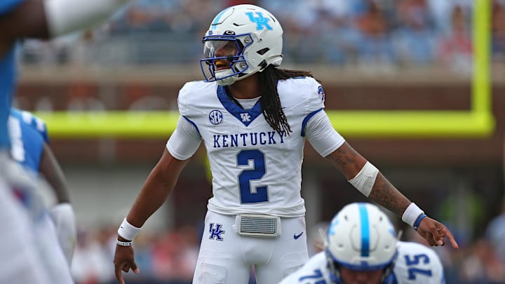 Sep 28, 2024; Oxford, Mississippi, USA; Kentucky Wildcats quarterback Gavin Wimsatt (2) gives direction before the snap during the first half against the Mississippi Rebels at Vaught-Hemingway Stadium. Mandatory Credit: Petre Thomas-Imagn Images