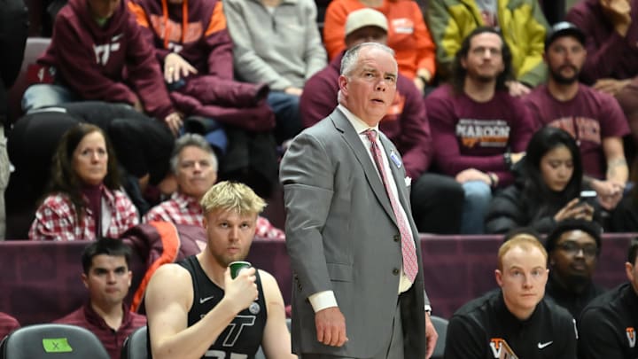 Jan 27, 2026; Blacksburg, Virginia, USA;  Virginia Tech Hokies head coach Mike Young watches a free throw during the first half at Cassell Coliseum. Mandatory Credit: Brian Bishop-Imagn Images