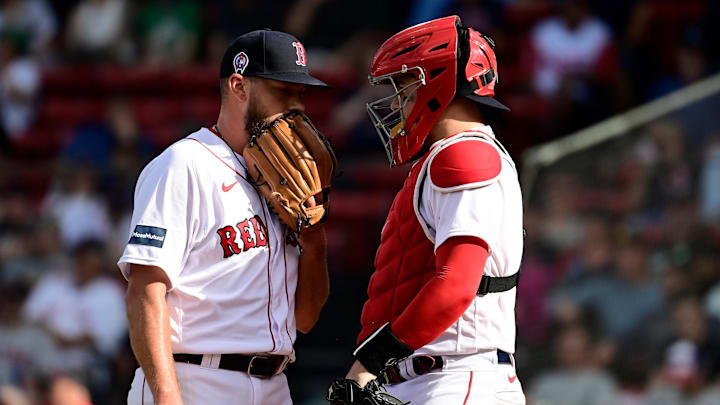 Sep 12, 2023; Boston, Massachusetts, USA; Boston Red Sox relief pitcher John Schreiber (46) and catcher Reese McGuire (3)