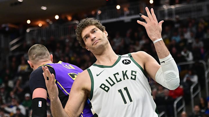 Mar 13, 2025; Milwaukee, Wisconsin, USA; Milwaukee Bucks center Brook Lopez (11) reacts in the second quarter against the Los Angeles Lakers at Fiserv Forum. Mandatory Credit: Benny Sieu-Imagn Images