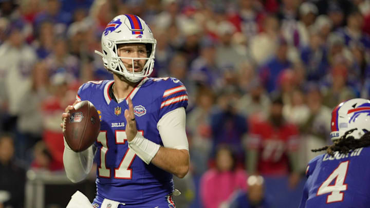 Buffalo Bills quarterback Josh Allen has his eyes on his receiver before throwing the pass during first half action against the Baltimore Ravens at Highmark Stadium in Orchard Park on Sept. 7, 2025. Buffalo Bills quarterback Josh Allen has his eyes on his receiver before throwing the pass during first half action against the Baltimore Ravens at Highmark Stadium in Orchard Park on Sept. 7, 2025.