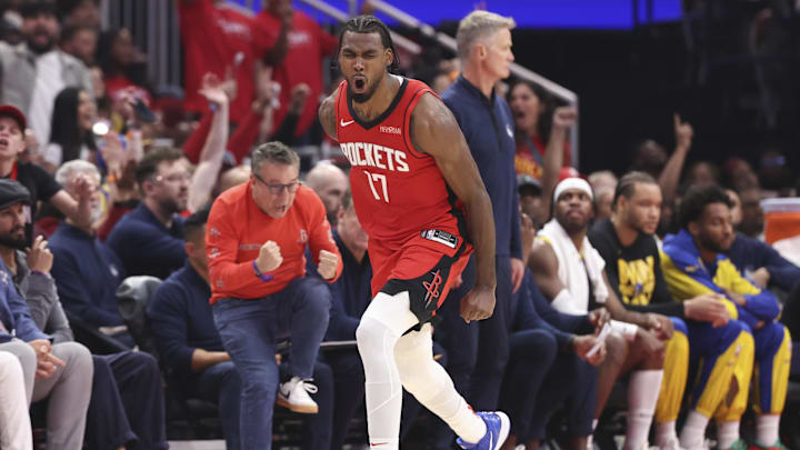 Apr 23, 2025; Houston, Texas, USA; Houston Rockets forward Tari Eason (17) reacts after making a basket during the second quarter during game two of the first round for the 2024 NBA Playoffs against the Golden State Warriors at Toyota Center. Mandatory Credit: Troy Taormina-Imagn Images