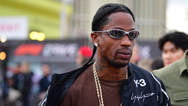 Travis Scott wears an adidas Y-3 jacket at the Las Vegas Grand Prix at Las Vegas Strip Circuit.