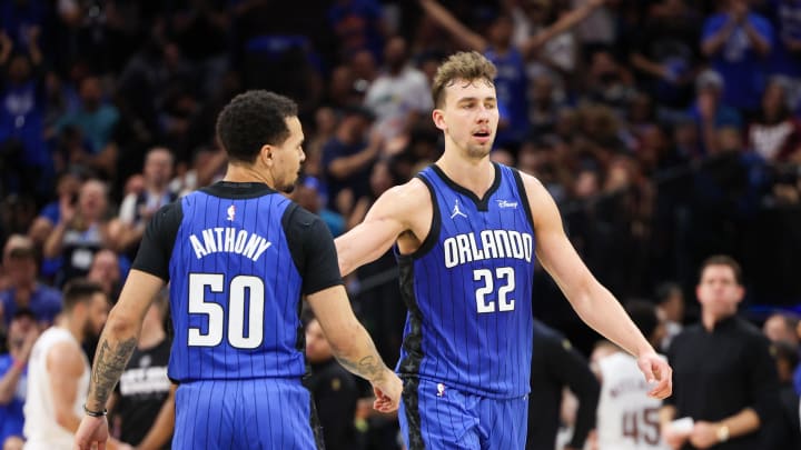 Apr 27, 2024; Orlando, Florida, USA; Orlando Magic forward Franz Wagner (22) and guard Cole Anthony Apr 27, 2024; Orlando, Florida, USA; Orlando Magic forward Franz Wagner (22) and guard Cole Anthony