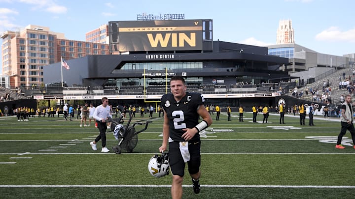 Sep 27, 2025; Nashville, Tennessee, USA;  Vanderbilt Commodores quarterback Diego Pavia (2) runs off the field after the win against the Utah State Aggies after the game at FirstBank Stadium. Mandatory Credit: Steve Roberts-Imagn Images