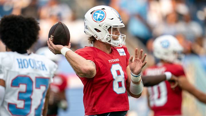Tennessee Titans quarterback Will Levis (8) runs drills during the Blue and White Stadium Scrimmage at Nissan Stadium in Nashville, Tenn., Friday, Aug. 7, 2026. Tennessee Titans quarterback Will Levis (8) runs drills during the Blue and White Stadium Scrimmage at Nissan Stadium in Nashville, Tenn., Friday, Aug. 7, 2026.
