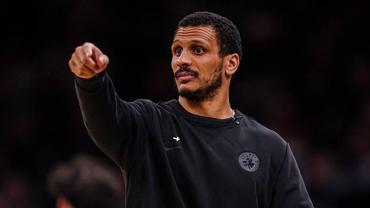 Apr 28, 2026; Boston, Massachusetts, USA; Boston Celtics head coach Joe Mazzulla watches from the sideline as they take on the Philadelphia 76ers during game five of the first round of the 2026 NBA Playoffs at TD Garden. Mandatory Credit: David Butler II-Imagn Images