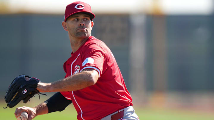 Cincinnati Reds relief pitcher Nick Martinez (28) throws live batting practice