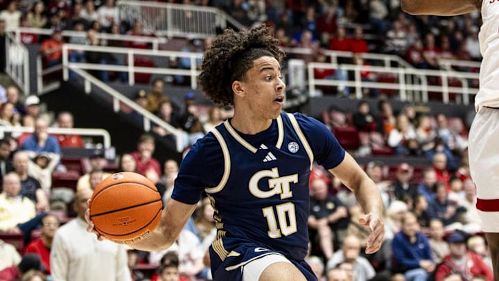 Feb 7, 2026; Stanford, California, USA; Georgia Tech Yellow Jackets guard Davi Remagen (10) looks to pass against the Stanford Cardinal during the second half at Maples Pavilion. Mandatory Credit: John Hefti-Imagn Images