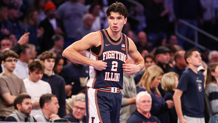 Nov 28, 2025; New York, New York, USA;  Illinois Fighting Illini guard Andrej Stojakovic (2) at Madison Square Garden. Mandatory Credit: Wendell Cruz-Imagn Images