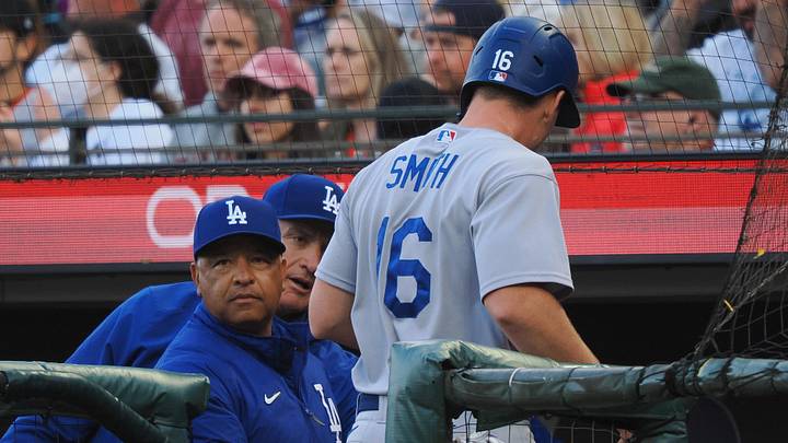 Aug 2, 2022; San Francisco, California, USA; Los Angeles Dodgers designated hitter Will Smith (16) celebrates with manager Dave Roberts after scoring a run against the San Francisco Giants during the third inning at Oracle Park. Mandatory Credit: Kelley L Cox-Imagn Images
