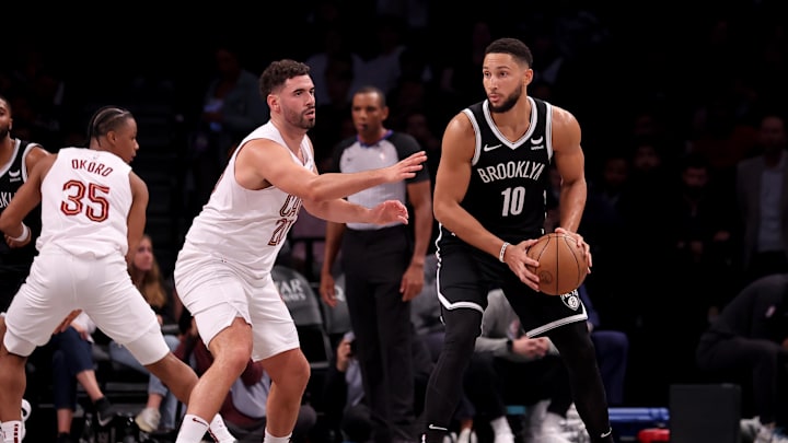 Oct 25, 2023; Brooklyn, New York, USA; Brooklyn Nets guard Ben Simmons (10) controls the ball against Cleveland Cavaliers forward Georges Niang (20) during the second quarter at Barclays Center. Mandatory Credit: Brad Penner-Imagn Images Oct 25, 2023; Brooklyn, New York, USA; Brooklyn Nets guard Ben Simmons (10) controls the ball against Cleveland Cavaliers forward Georges Niang (20) during the second quarter at Barclays Center. Mandatory Credit: Brad Penner-Imagn Images