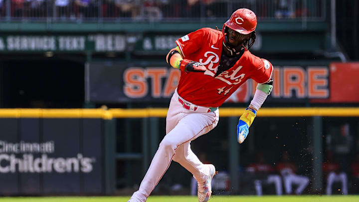 Sep 21, 2024; Cincinnati, Ohio, USA; Cincinnati Reds shortstop Elly De La Cruz (44) scores on a single hit by catcher Tyler Stephenson (not pictured) in the third inning against the Pittsburgh Pirates at Great American Ball Park. Mandatory Credit: Katie Stratman-Imagn Images Sep 21, 2024; Cincinnati, Ohio, USA; Cincinnati Reds shortstop Elly De La Cruz (44) scores on a single hit by catcher Tyler Stephenson (not pictured) in the third inning against the Pittsburgh Pirates at Great American Ball Park. Mandatory Credit: Katie Stratman-Imagn Images