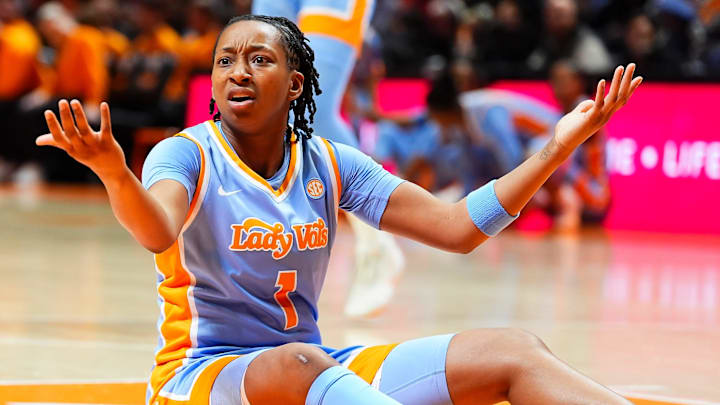 Tennessee guard Nya Robertson (1) doesn't like the call during a women's college basketball game between the Lady Vols and Mississippi State held at Thompson-Boling Arena at Food City Center in Knoxville, Tenn., on Jan. 29, 2026.