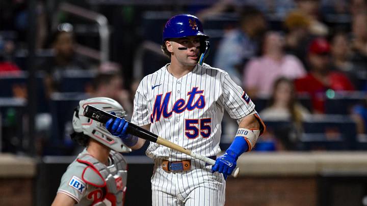 Sep 17, 2026; New York City, New York, USA;  New York Mets left fielder Nick Morabito (55) reacts after striking out against the Philadelphia Phillies during the eighth inning at Citi Field.  Mandatory Credit: John Jones-Imagn Images