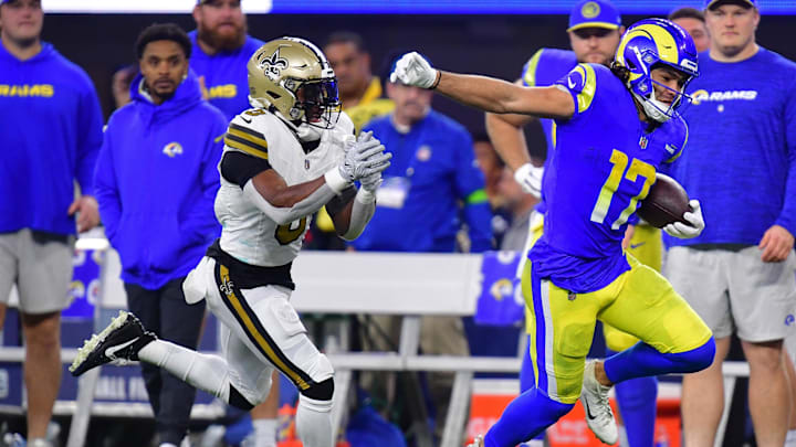 Dec 21, 2023; Inglewood, California, USA; Los Angeles Rams wide receiver Puka Nacua (17) runs the