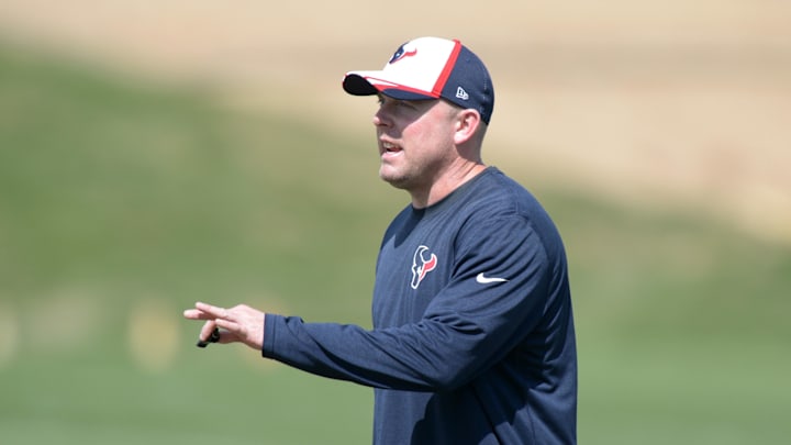 Aug 21, 2014; Englewood, CO, USA; Houston Texans quarterbacks coach George Godsey during scrimmage against the Denver Broncos at the Broncos Headquarters. Mandatory Credit: Kirby Lee-Imagn Images