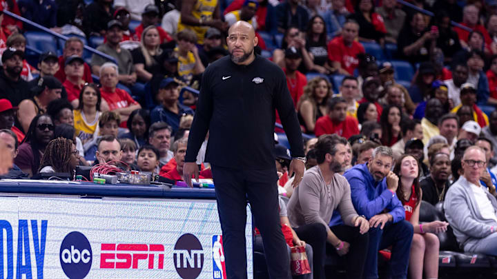 Apr 16, 2024; New Orleans, Louisiana, USA; Los Angeles Lakers head coach Darvin Ham looks on against the New Orleans Pelicans during the first half of a play-in game of the 2024 NBA playoffs against the New Orleans Pelicans at Smoothie King Center. Mandatory Credit: Stephen Lew-Imagn Images