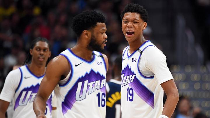 Mar 27, 2026; Denver, Colorado, USA; Utah Jazz guard Ace Bailey (19) celebrates with guard Elijah Harkless (16) during the second half against the Denver Nuggets at Ball Arena. Mandatory Credit: Christopher Hanewinckel-Imagn Images