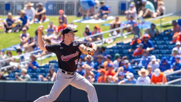 Gamecocks pitcher Dylan Eskew (16) comes into the game in the bottom of the third inning against the Florida Gators Gamecocks pitcher Dylan Eskew (16) comes into the game in the bottom of the third inning against the Florida Gators
