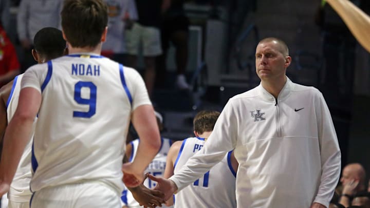 Feb 4, 2025; Oxford, Mississippi, USA; Kentucky Wildcats head coach Mark Pope reacts during the second half against the Mississippi Rebels at The Sandy and John Black Pavilion at Ole Miss. Mandatory Credit: Petre Thomas-Imagn Images