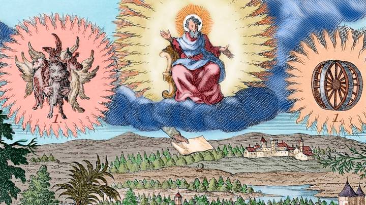 Prophet Ezekiel. Vision. Colored engraving. Prophet Ezekiel. Vision. Colored engraving.
