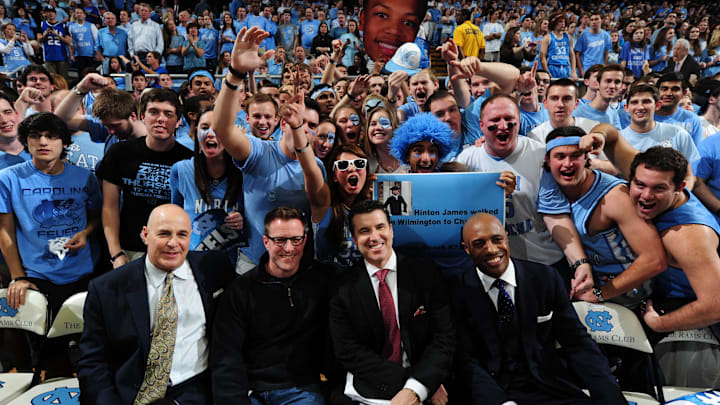 Feb 20, 2014; Chapel Hill, NC, USA; ESPN announcers Seth Greenburg and Chris Cotter and Rece Davis and Jay Williams with fans at Dean E. Smith Center. Mandatory Credit: Bob Donnan-Imagn Images